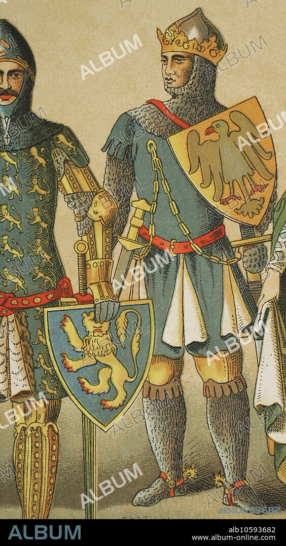 Derecha: Luis IV de Baviera (1282-1347). Emperador del Sacro Imperio (1328-1347). Izquierda: Günther von Schwarzburg (h. 1304-1349). Rey de Alemania en 1349. Cromolitografía. "Historia Universal", por César Cantú. Tomo VI, 1885.
