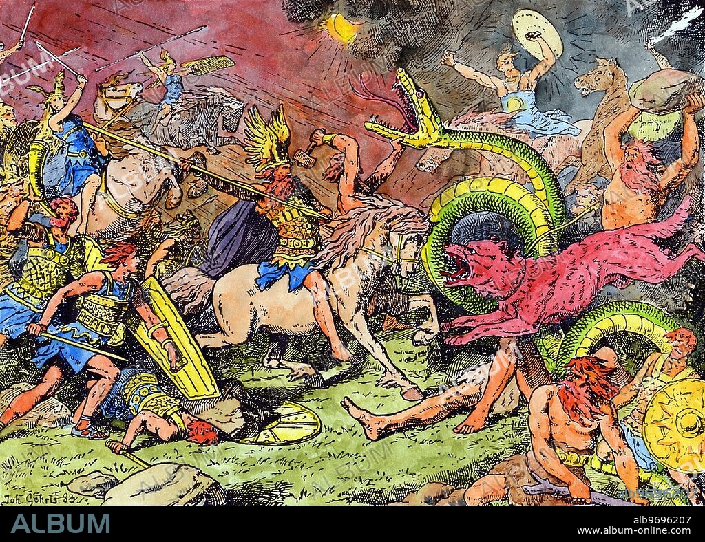 TEUTONIC MYTHOLOGY - RAGNAROK - AESIR. Ragnarok, the so-called Day of Doom, of the Teutonic mythology, which is really the Doomsday of the Gods, sometimes called, less dramatically, and less accurately, the Twilight of the Gods. Hand-coloured engraving after the painting by Johannes Gerhts, 1883. The story of the dramatic conflicts, leading to the End, or Ragnarok, is told in the Voluspa, wherein is told the destruction of the Aesir, or the entourage of the god Odin. The period of discontent and conflict begins with seven Fimbul winters, in which the light and warmth of the sun are occulted. This severe cold is followed by a period of War between All, the so-called Wolf Age - so-called because the Sun is now obscured by the wolf Fenrir (visible to the right of Gehrts painting). So terrible is the conflict, that the Earth itself shudders, and the sea floods the earth. The last of the front giants, Hyrm pilots the ship Nagalfar, the equivalent of the biblical Ark. In Gehrts' picture, Odin (with winged helm, to the fore), leads the Aesir against the Muspel, or Fire Giants, but (as the painting indicates) is shortly killed by the wolf Fenrir. Behind Odin, on foot, is Thor with his magical hammer, gripping the Serpent of Midgard (Jormungard) by the neck. It is said that the only survivors of the conflict were Vidar and Vali, and the two sons of Thor.