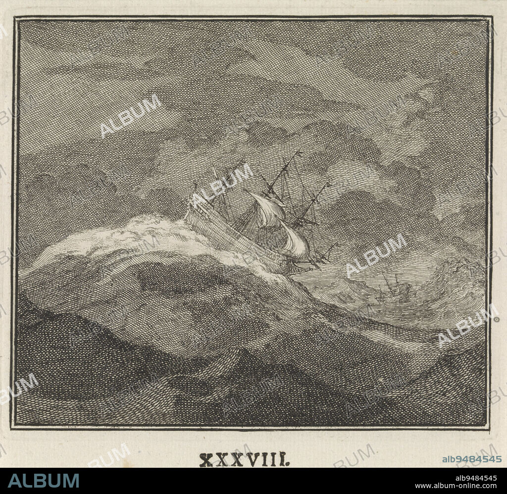 A ship at sea during a heavy storm, Emblem: sea Ship in a storm, print maker: Jan Luyken, publisher: Christoph Weigel, print maker: Amsterdam, publisher: Neurenberg, 1695 - 1705, paper, etching, h 110 mm × w 124 mm.