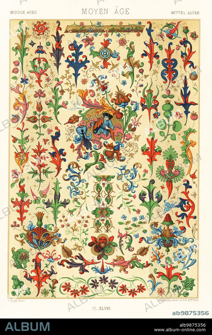 Middle Ages: conventional flora and flower work, 15th century. Flowers, plants, figures and animals from illuminated manuscripts. Moyen Age. Hand-finished chromolithograph by F. Durin from Albert-Charles-Auguste Racinets LOrnement Polychrome, (Polychromatic Ornament), Firmin-Didot, Paris, 1869-73.