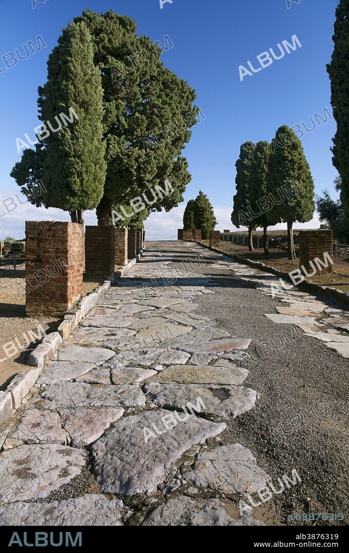 Roman Road, Roman ruins of Italica - 2nd century, Santiponce, Seville province, Region of Andalusia, Spain, Europe.