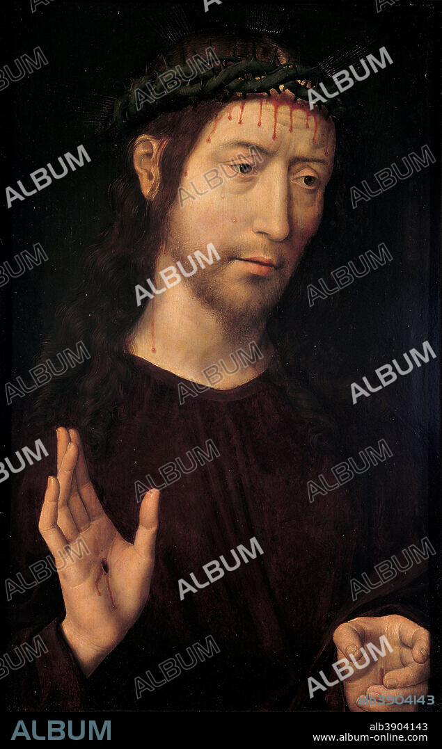 HANS MEMLING. The Man of Sorrows Blessing. Date/Period: 1480 - 1490. Painting. Oil on panel. Height: 534 mm (21.02 in); Width: 391 mm (15.39 in).