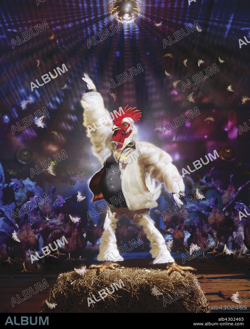 Chicken dancing on hay bale in disco.