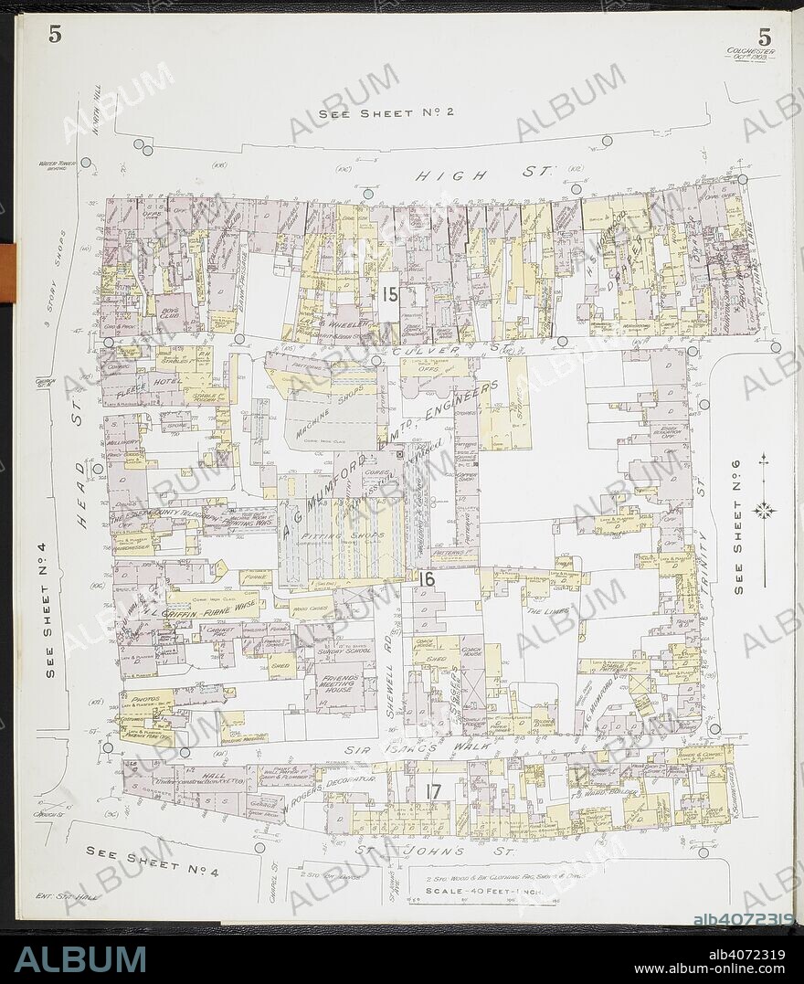 Map of Colchester, Essex. Colchester, (Essex) : [fire insurance plans]. London : Chas. E. Goad Limited, 1909. 63x54cm.; Scale [1:480]. 40ft = 1 inch. Source: Maps 149.b.29.(2) Sheet 5.