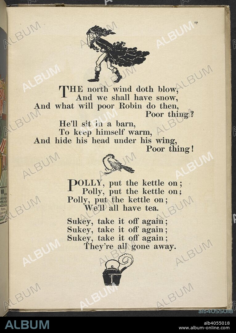 CLAUD LOVAT FRASER. The north wind doth blow, and we shall have snow, ...' 'Polly, put the kettle on; ' . Nursery Rhymes, with pictures by C. L. Fraser. London : T. C. & E. C. Jack, [1919]. Source: 12800.ddd.31 page 17.