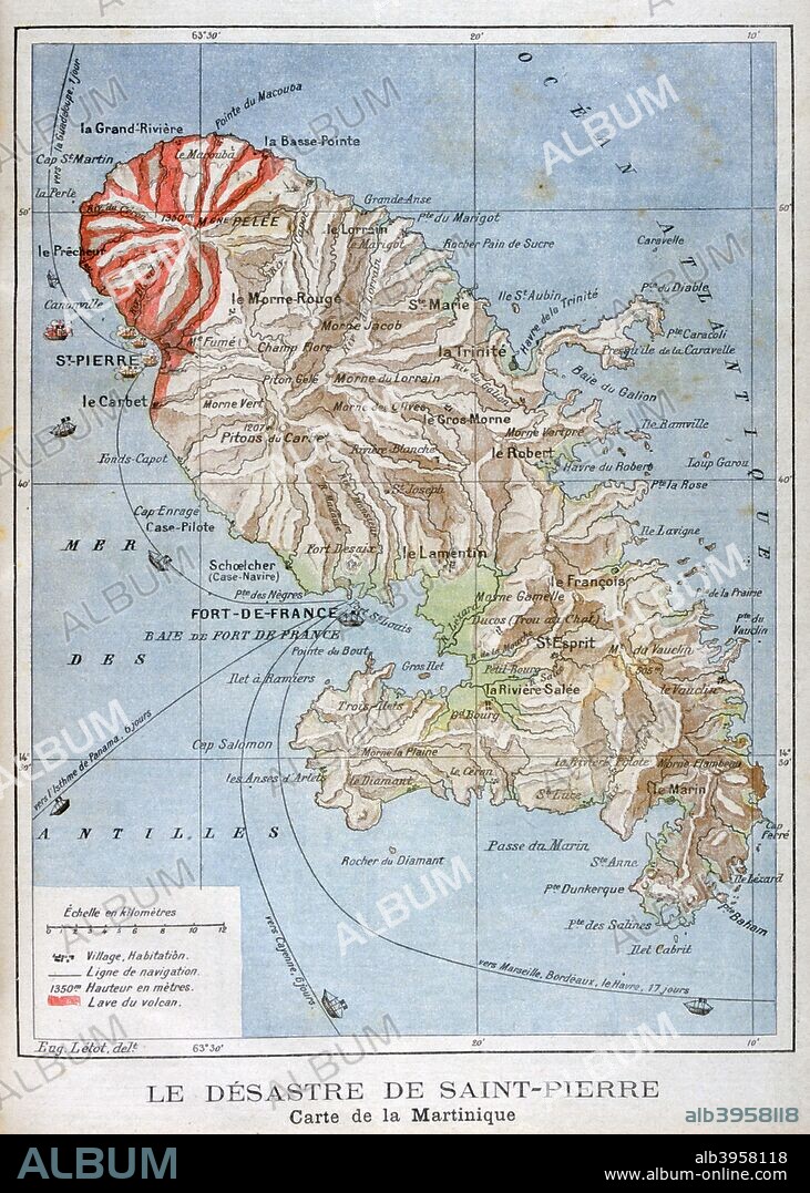 Map showing the eruption of Mount Pelee, Martinique, 1902. The catastrophic eruption of Mount Pelee on Martinique in 1902 was the worst volcanic disaster of the 20th century. The eruption created a pyroclastic flow which caused between 26,000 to 36,000 casualties and destroyed the city of Saint-Pierre. An illustration from Le Petit Journal, 25th May 1902.