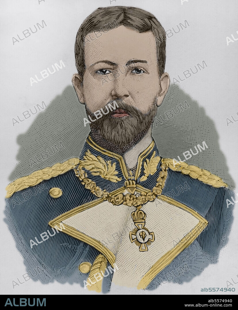 Enrique de Prusia (1862-1929). Hermano menor del Emperador Guillermo II de Alemania. Ocupó diversos cargos de la Armada Imperial Alemana. En 1899 fue nombrado oficialmente comandante del Escuadrón de Asia Oriental. Grabado por Matute. Coloreado. La Ilustración Española y Americana, 1898.