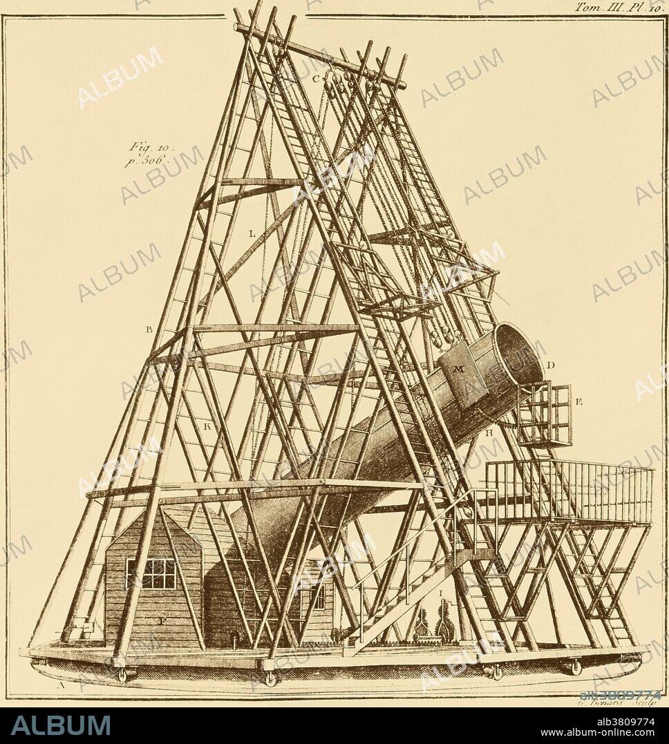 William Herschel's 40 foot telescope, also known as the Great Forty Foot telescope, was a reflecting telescope constructed between 1785 and 1789 at Observatory House in Slough, England. It used a 47 inch diameter primary mirror with a 1,200 cm focal length. It was the largest telescope in the world for 50 years. It may have been used to discover Enceladus and Mimas, the 6th and 7th moons of Saturn. It was dismantled in 1840; today the original mirror and a 10 foot section of the tube remain.