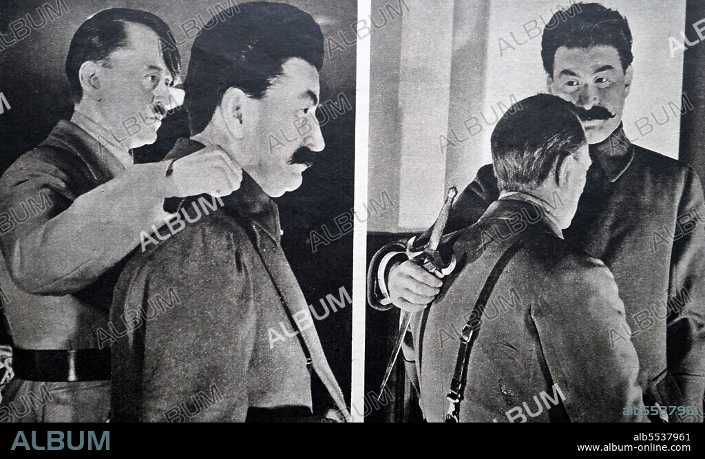 Wax works of Adolf Hitler and Joseph Stalin. Adolf Hitler (20 April 1889 - 30 April 1945) was an Austrian-born German politician who was the dictator of Germany from 1933 until his death in 1945. He rose to power as the leader of the Nazi Party, becoming the chancellor in 1933 and then assuming the title of Fuhrer und Reichskanzler in 1934. During his dictatorship, he initiated World War II in Europe by invading Poland on 1 September 1939. He was closely involved in military operations throughout the war and was central to the perpetration of the Holocaust, the genocide of about six million Jews and millions of other victims. Joseph Vissarionovich Stalin (6 December 1878 - 5 March 1953) was a Georgian revolutionary and Soviet political leader who governed the Soviet Union from 1924 until his death in 1953. He served as both General Secretary of the Communist Party of the Soviet Union (1922-1952) and Chairman of the Council of Ministers of the Soviet Union (1941-1953).