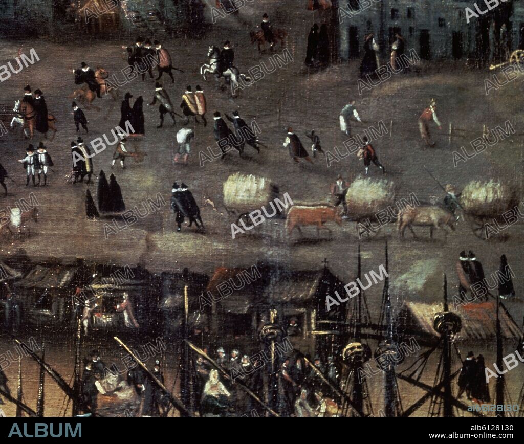 ALONSO SÁNCHEZ COELLO (attribué). View of Sevilla (detail of the shipyard). 16th century. Madrid, American museum. Spain.