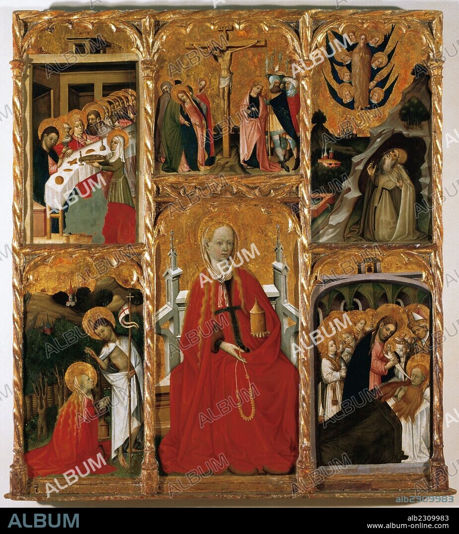 ARTE GOTICO. ESPAÑA. BERNAT MARTORELL Y TALLER (finales siglo XIV-1452). "RETABLO DE SANTA MARIA MAGDALENA DE PERELLA". Pintura al temple sobre madera. Tamaño: 140 cm x 125 cm. Barcelona. Hacia el 1445-1450. Procede de la iglesia de Santa María Magdalena de Perella (San Joan de les Abadesses, comarca del Ripollés, Cataluña). Museu Episcopal de Vic. Provincia de Barcelona. Comarca de Osona. Cataluña.