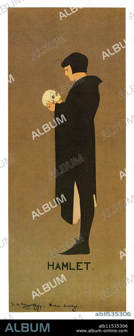 Hamlet holds a skull as an actor.   Poster for W.S. Hardy Shakespeare Co., 1894.  The Beggarstaffs, otherwise J. & W. Beggarstaff, was the pseudonym used by the British artists William Nicholson and James Pryde for their collaborative partnership in the design of posters and other graphic work between 1894 and 1899.