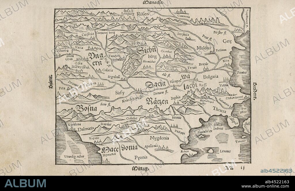 Siebenburg with all the surrounding countries, Map of the former Transylvania, today central Romania, and its surrounding lands from the 16th century, Fig. 36, according to S. DLIII, 1544, Sebastian Münster: Cosmographia. Beschreibung aller Lender durch Sebastianum Münsterum: in welcher begriffen aller Voelker, Herrschaften, Stetten, und namhafftiger Flecken, herkommen: Sitten, Gebreüch, Ordnung, Glauben, Secten und Hantierung durch die gantze Welt und fürnemlich Teütscher Nation [...]. Das vierd Buch. Basel: durch Henrichum Petri, 1544.