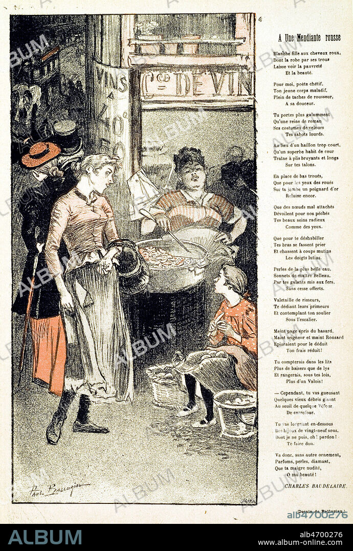 'A une mendiante rousse' Scene de rue a Paris, marchande de pommes de terre frites. Poeme de Charles BAUDELAIRE (in Tableaux parisiens LXXXVII in les Fleurs du Mal) Lithographie de Paul Balluriau in GIL BLAS 01/04/1894 . Credit Collection Kharbine Tapabor.