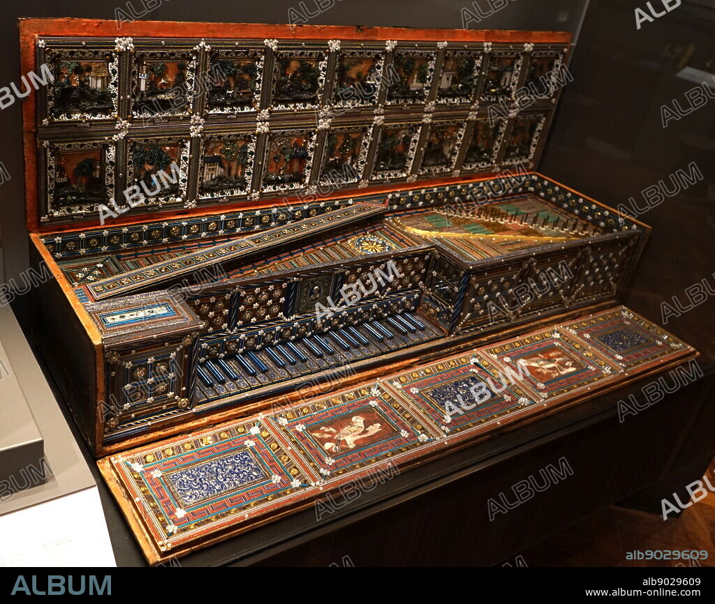 A glass virginal, an early spinet with the strings parallel to the keyboard, typically rectangular, from Austria. Dated 17th Century.