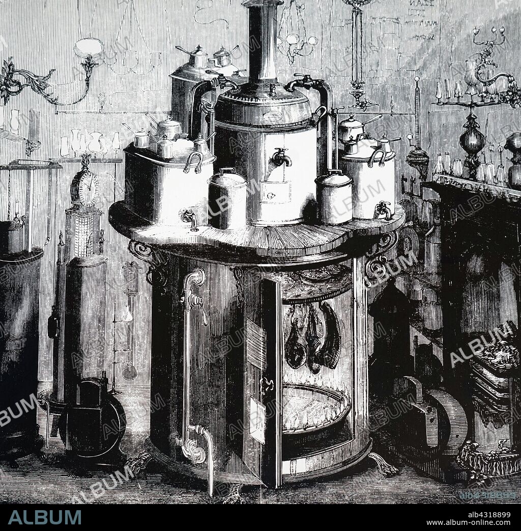 An engraving depicting a gas stove by James Sharp. This could cook a meal for 100 people. Dated 19th century.