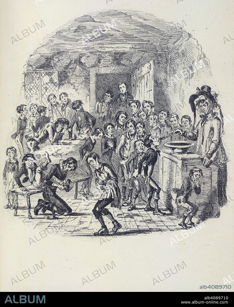 Nicholas Nickleby. The Works of Charles Dickens. National edition. [E. 1906. Illustration showing the pupils at Dotheboys Hall school, one of them being fed from a spoon by Mrs Squeers, the wife of the headmaster.  Image taken from The Works of Charles Dickens. National edition. [Edited by B. W. Matz. With all the plates, illustrations, wrapper designs and prefaces of the earlier editions. The text based on the Charles Dickens edition.].6, 7. Nicholas Nickleby.  Originally published/produced in 1906. . Source: 12276.f.1, opposite 108. Language: English.