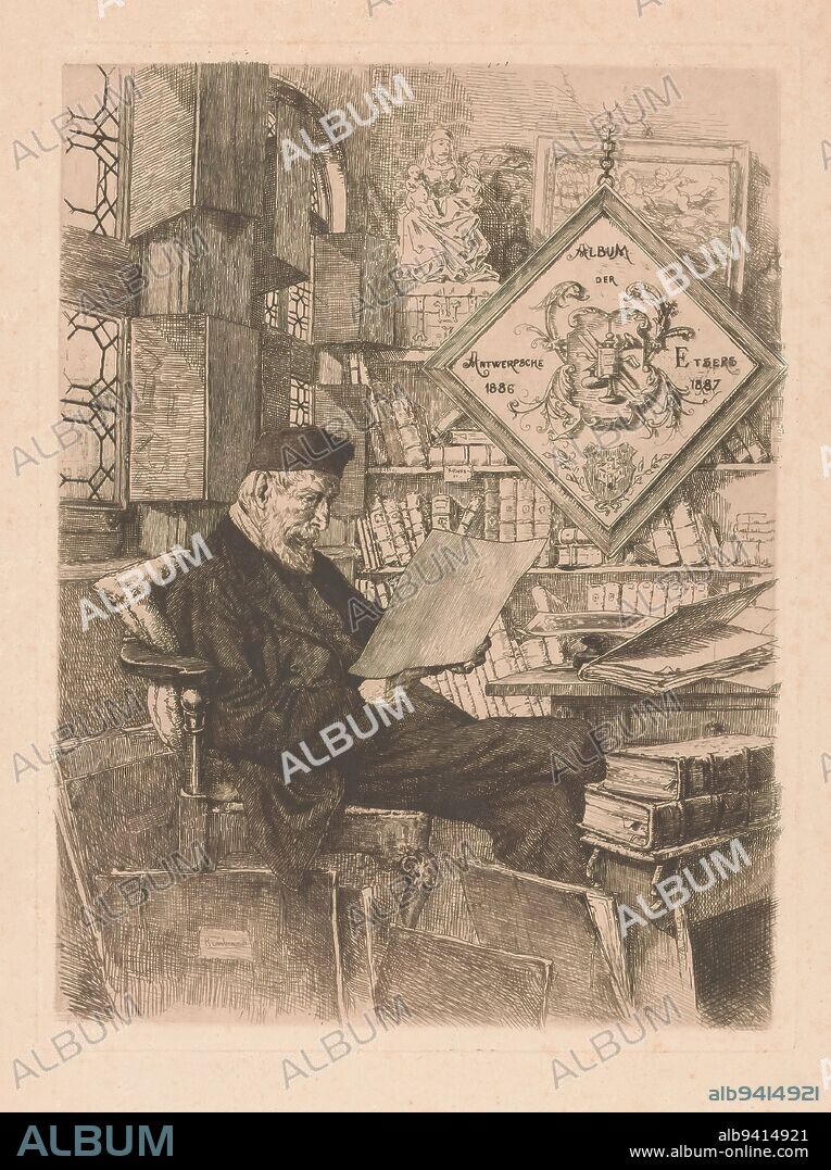 Portrait of Auguste Antoine Edouard de Bruyne, Pictured in his library in his house on Lange Ridderstraat sits Auguste de Bruyne, bibliophile and merchant from Mechelen. He is sitting on a chair with a print in his hands. On the bookcase are a statue and a painting. In the room, a coat of arms hangs on a chain with the instruments of a printmaker., print maker: Willem Geets, 1886 - 1887, paper, etching, drypoint, height 316 mm × width 238 mm.