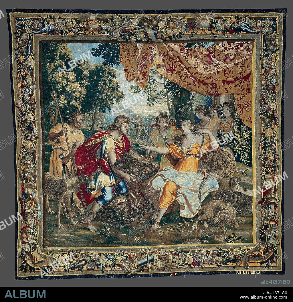 JAN LEYNIERS. The Offering of the Boar's Head, from The Story of Meleager and Atalanta. After a design by Charles Le Brun (1619-1690); Woven at the workshop of Jan II Leyniers (1630-1686); Flanders, Brussels. Date: 1673-1686. Dimensions: 355 × 344.8 cm (139 3/4 × 135 3/4 in.). Wool and silk, slit, dovetailed and double interlocking tapestry weave. Origin: Brussels.