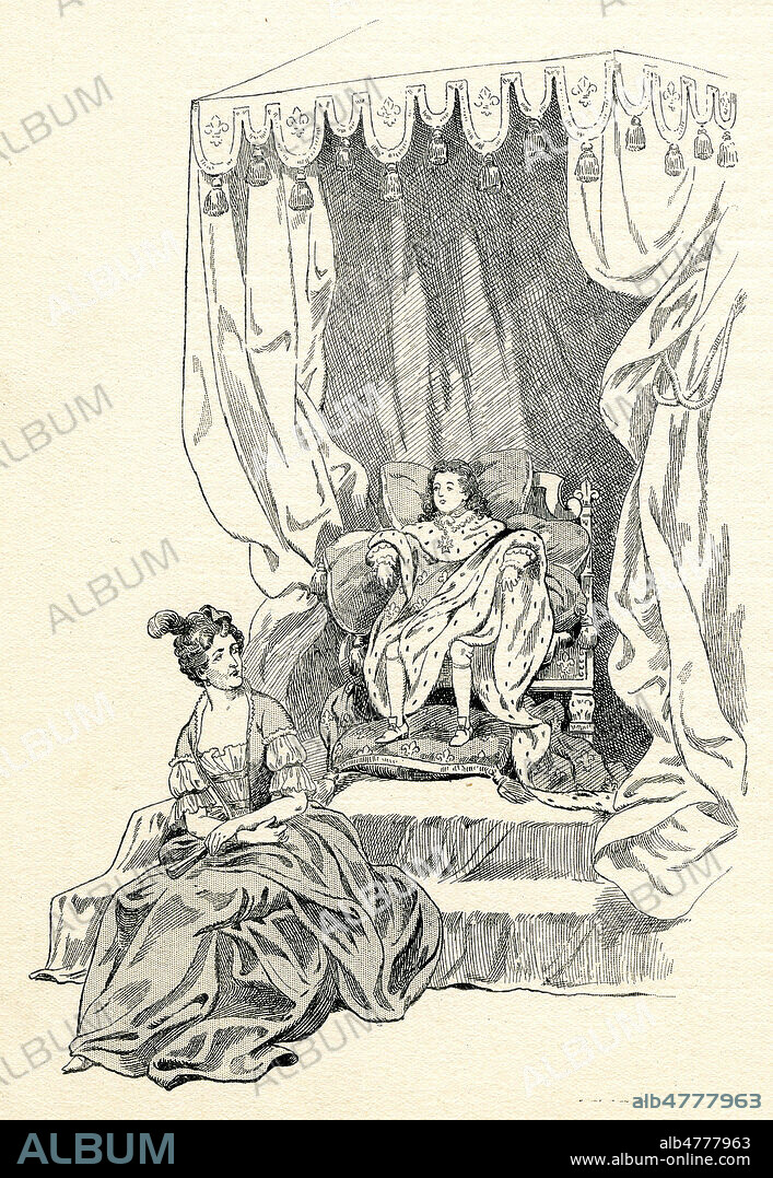 Le jeune LOUIS XV (1710-1774) sur son lit de Justice avec sa gouvernante Madame de VENTADOUR a ses pieds. Illustration de 1913 par JOB (1858-1931) pour Quand nos grands rois etaient petits par Charles CLERC et Norbert SYLVESTRE. Credit : Coll. Jonas/Kharbine-Tapabor.