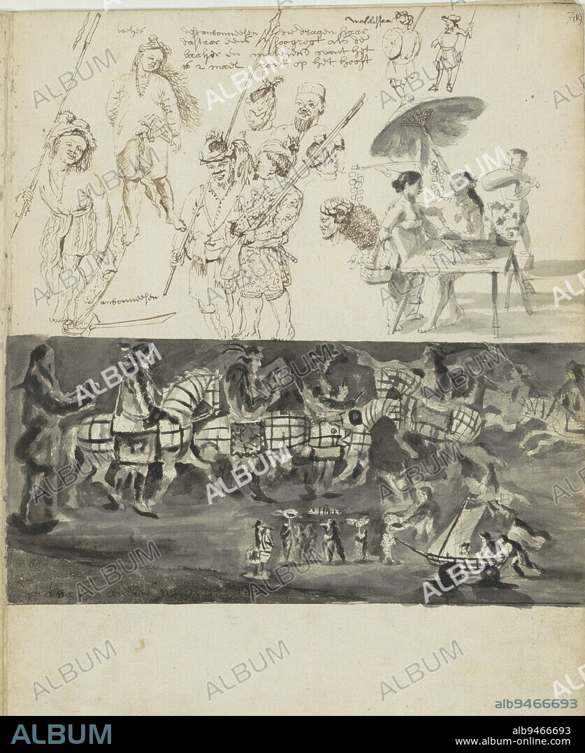 Sheet 7 recto of a section of 10 sheets from a sketchbook, Ambonese, a Makassaar and a parade of horses, draughtsman: Wouter Schouten, draughtsman: Cornelis de Bruyn, (rejected attribution), Ambon, c. 1660, paper, pen, brush.