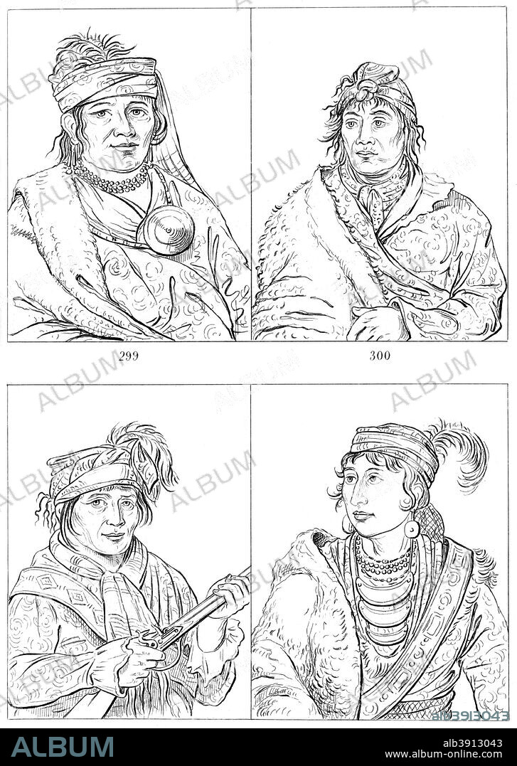 Seminole chiefs, Fort Moultrie, South Carolina, 1837-1838 (1841). Cloud, King Phillip, Coeehajo and Creek Billy, all captured in the Second Seminole War, in which the US Government tried to forcibly expel the Seminoles from their lands in Florida. A print from Letters and Notes on the Manners, Customs and Condition of the North American Indians, by Wiley and Putnam, 161 Broadway, New York, 1841.