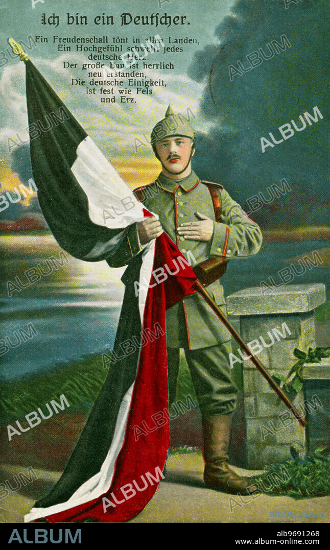 Europe, Germany , The First World War , propaganda postcard , shows an german soldier with an german flag , text : "I am a German" and a patriotic poem , postcard was sent 04. 05. 1915, there are no rights .