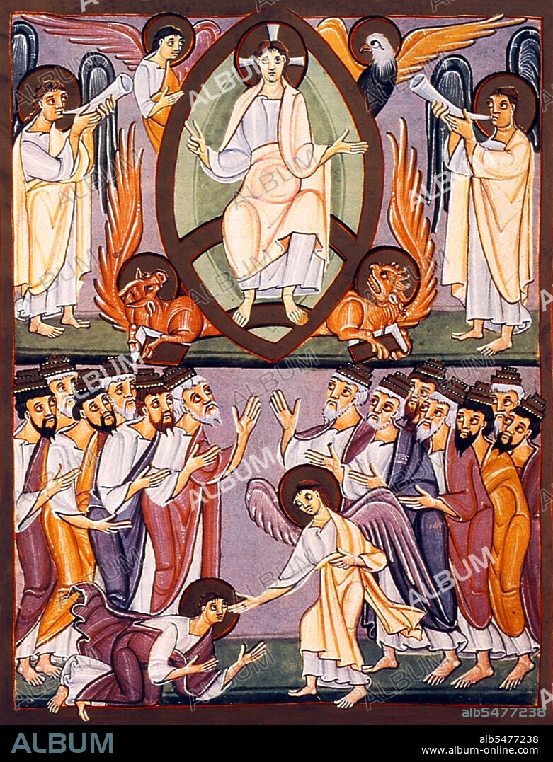 The Bamberg Apocalypse, 1000-1020, is held in the Bamberg State Library, Germany. It was commissioned by Otto III (Holy Roman Emperor 980-1002) and contains 57 gilded miniatures produced in the scriptorium at Reichenau.