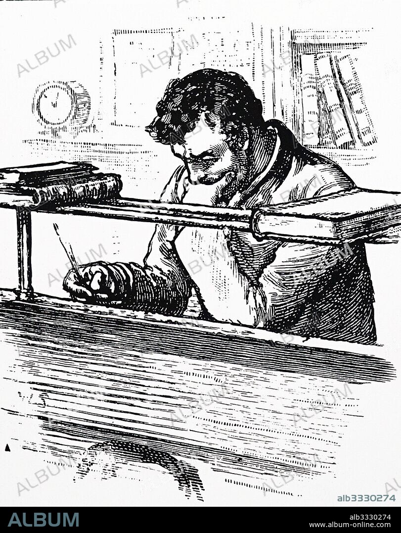 Clerk at his desk in an office in Victorian London, 1884.