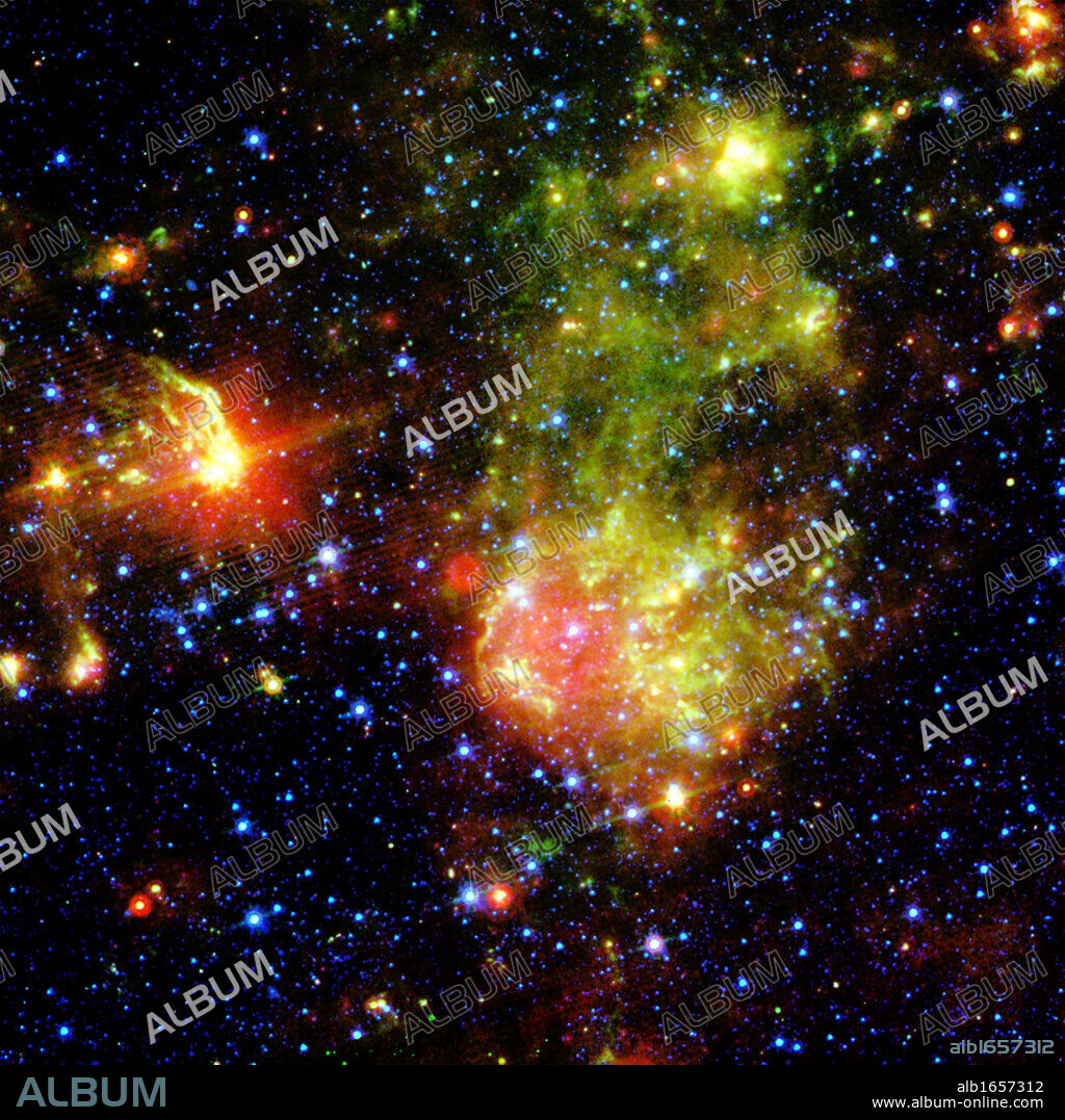 Supernova remnant 1E0102.2-7219 next to Nebula N76 in a bright, star-forming region of the Small Magellanic Cloud, a located about 200,000 light-years from Earth. Credit NASA. Science Astronomy.