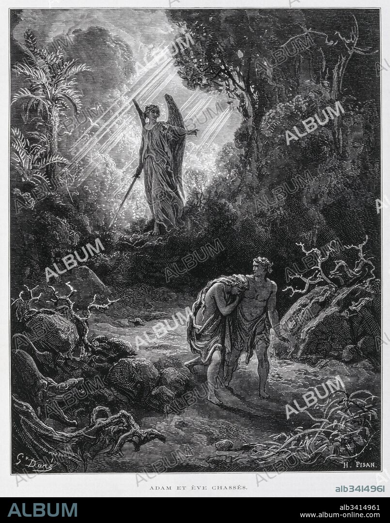 Adam and Eve banished from the Garden of Eden by an angel, Illustration from the Dore Bible 1866. In 1866, the French artist and illustrator Gustave Dore (1832–1883), published a series of 241 wood engravings for a new deluxe edition of the 1843 French translation of the Vulgate Bible, popularly known as the Bible de Tours. This new edition was known as La Grande Bible de Tours and its illustrations were immensely successful.