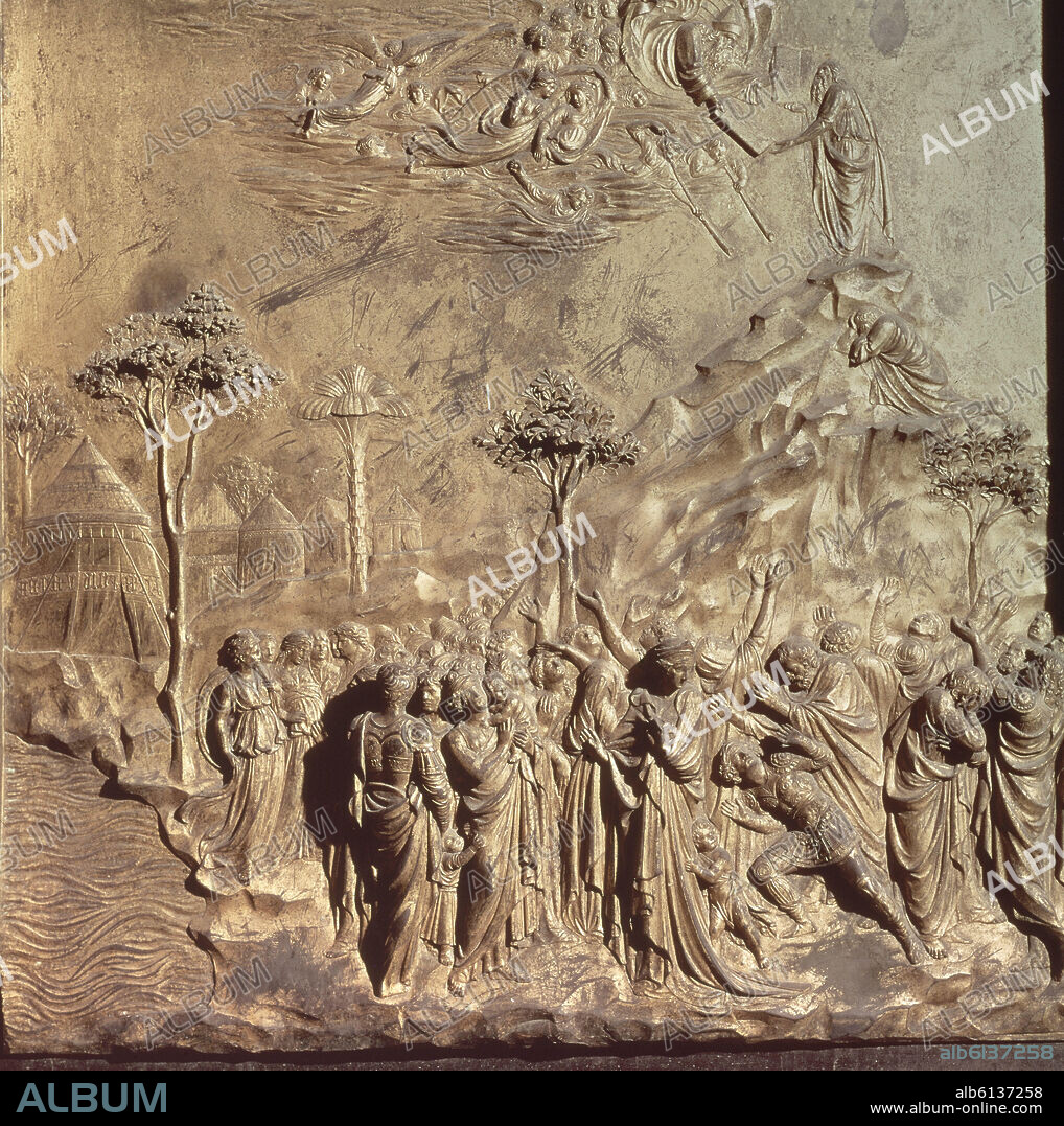 LORENZO GHIBERTI (1378-1455). DETALLE DE LAS PUERTAS DEL PARAISO CON ESCENA DE MOISES EN EL MONTE SINAI,1424/1452.