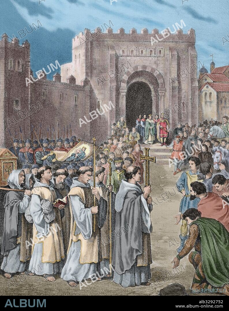 Spain. The king Ferdinand I of Leon, called the Great, (1015-1065), receives the mortal remains of St. Isidore of Seville (c. 556-636), bishop, confessor and Doctor of the Church. Colored engraving. 19th century.