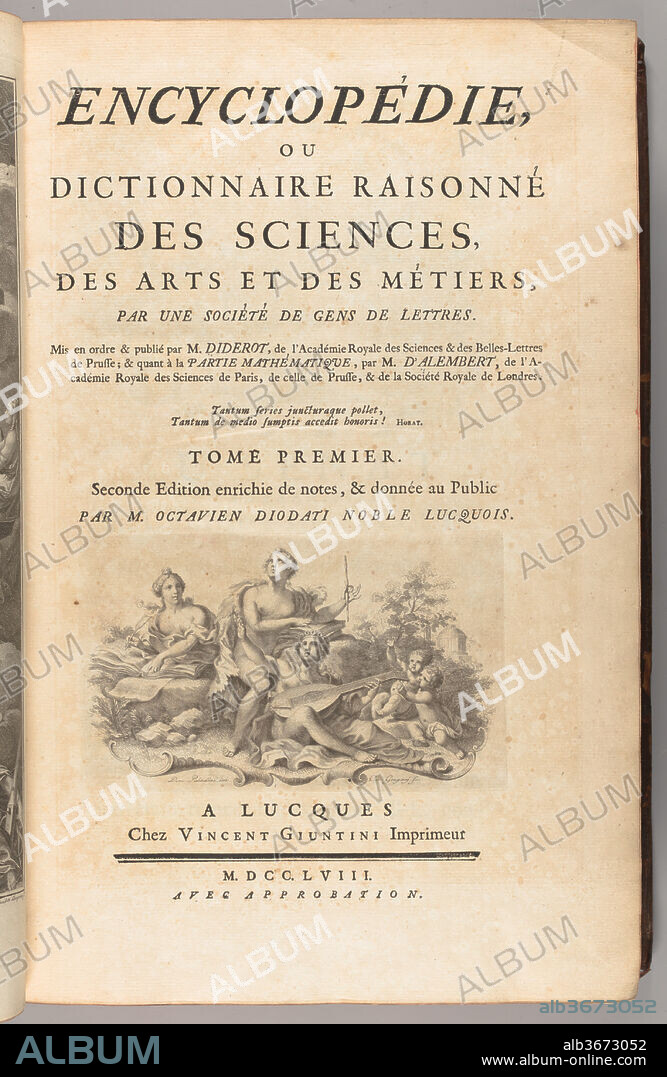 Encyclopédie, ou Dictionnaire raisonné des sciences, des arts et des métiers, par une société de gens de lettres. Author: Denis Diderot (French, 1713-1784); Jean Le Rond d'Alembert (French, 1717-1783); Ottaviano Diodati (Italian, 1716-1786). Dimensions: 17 volumes, illustrations, height: 16 9/16 in. (42 cm). Publisher: Vincenzo Giuntini. Date: 1758-1771.