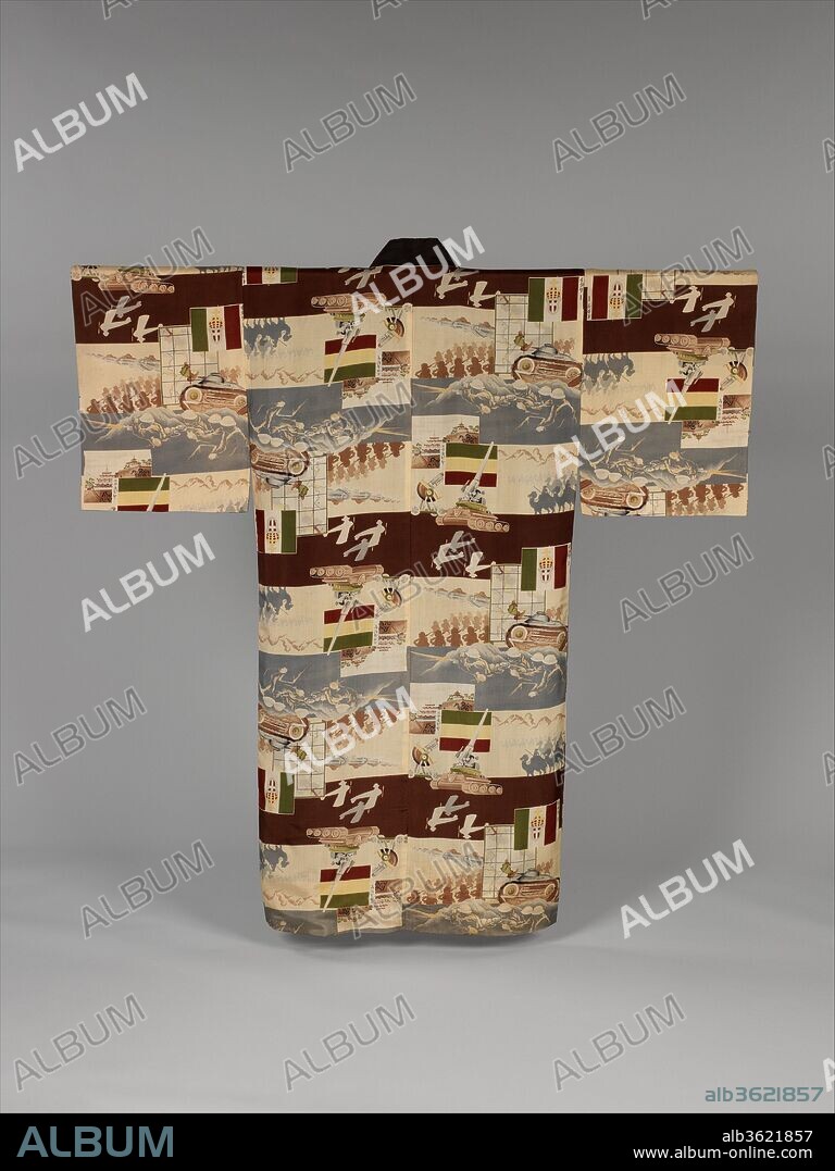 Man's Under-Kimono (Nagajuban) with "Italy in Ethiopia" Symbols. Culture: Japan. Dimensions: Overall: 53 × 52 in. (134.6 × 132.1 cm). Date: ca. 1935-45.
Italy's condemnation by the League of Nations in 1935 for invading Ethiopia and Somaliland (now Somalia) paralleled the chastisement of Japan in 1932 after their occupation of Manchuria. The Italian action was thus publicly promoted by the Japanese, resulting in a number of these "Italy in Ethiopia" fabrics. The graphic design is incredibly sophisticated, including maps, silhouettes, photographic images, drawings, and flags. The Italian flag retained the cruciform emblem seen on this textile until 1945.