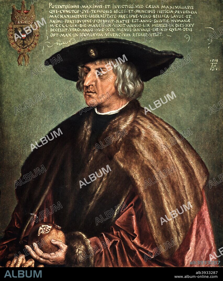 Kaiser Maximilian I, 1519. Maximilian I (1459-1519), seen here wearing a fur cape and holding a pomegranate, was king of Germany (1486-1519) and Holy Roman Emperor (1508-1519). He established the Habsburg dynasty as an international European power. From the collection of the Kunsthistorisches Museum, Vienna, Austria.
