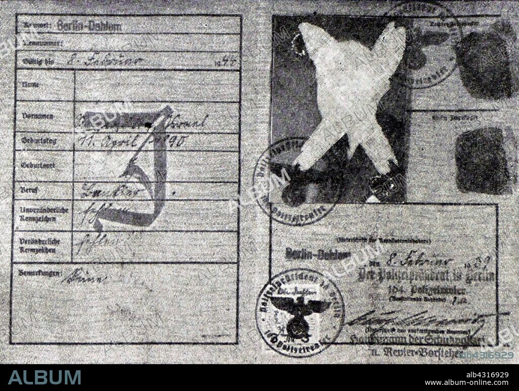 Jewish persons Identity card (Deutsches Reich Kennkarte), marked with 'J' Judes (Jew), Nazi Germany, 1938.