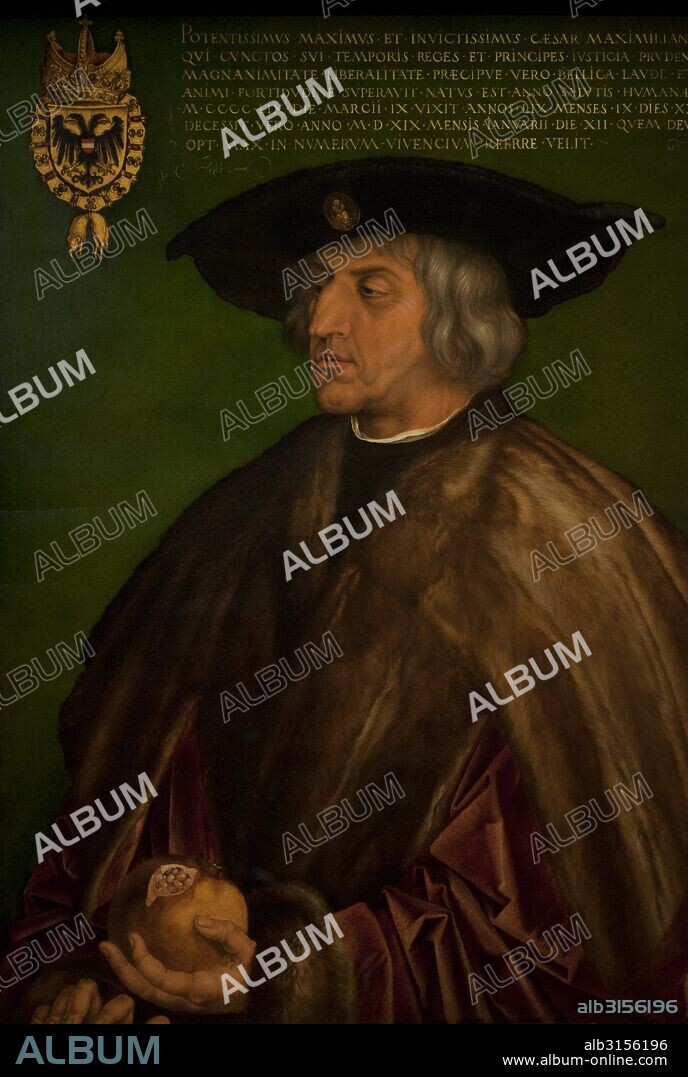 Maximiliano I de Habsburgo (1459-1519). Rey de los Romanos y emperador electo del Sacro Imperio Romano Germánico de 1486 hasta su muerte. Retrato de 1519. Cuadro pintado por el artista alemán Alberto Duero (1471-1528). Museo de Historia del Arte (Kunsthistorisches Museum). Viena. Austria.