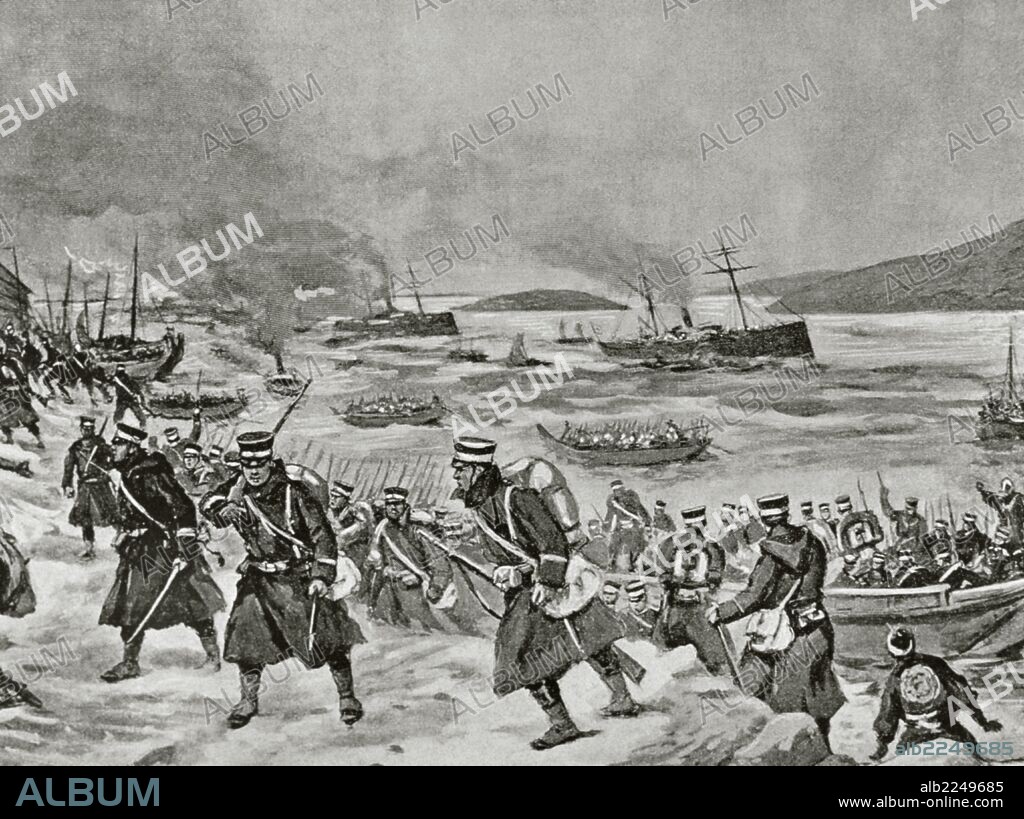 GUERRA RUSO-JAPONESA (1904-1905). Japón entró en guerra con Rusia con la finalidad de asegurarse intereses capitales en Corea y sur de Manchuria. "DESEMBARCO DE TROPAS JAPONESAS EN CHEMULPO".