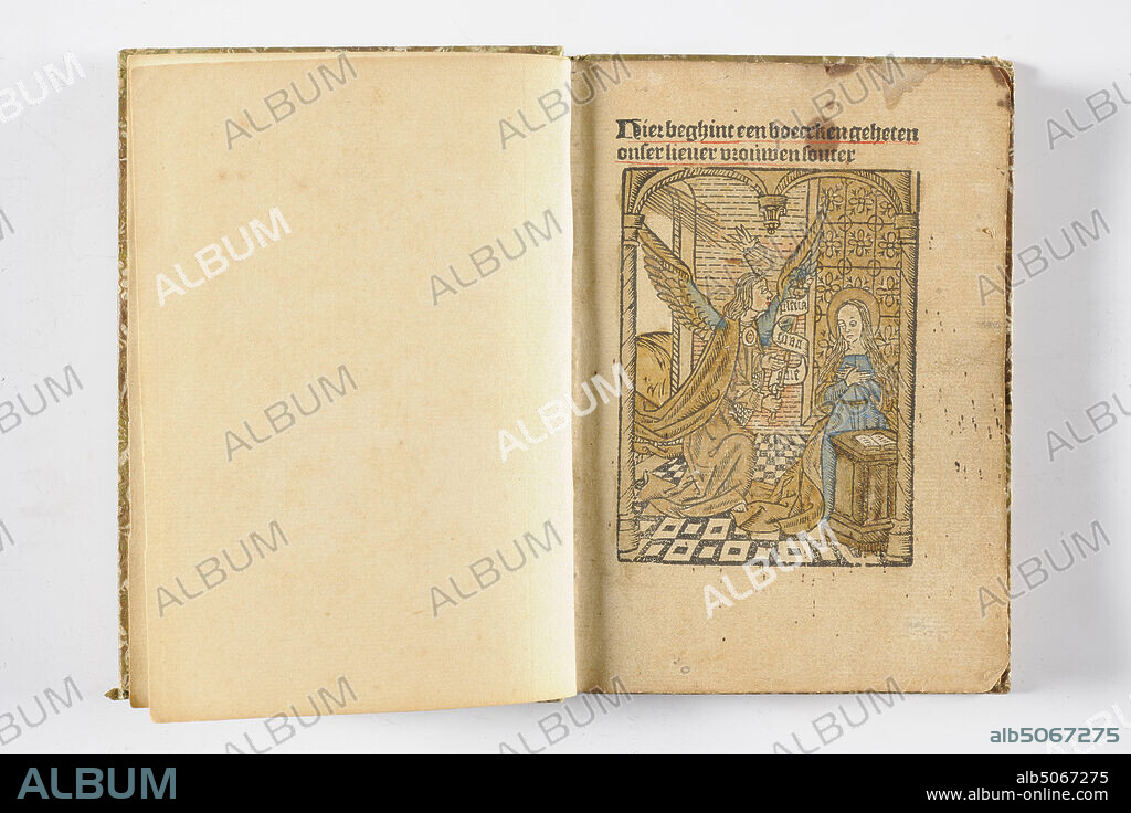 book, early 16th century, cardboard, ink, paper, General: 14.6 x 10.5 x 1.3cm (146 x 105 x 13mm), coat of arms, angel, mary, christ, child, Prayer book entitled Onser prefer women souter, printed by Hugo Janszoon van Woerden. The book, which is bound, contains a cover with a floral motif. The interior consists of unnumbered pages with only text, in black letters with red and blue accents. On the title page it says Here a boecken called onser prefers women to souter. Below it is a colored woodcut with the depiction of Mary, visited by the angel. The reverse side of the title page has the same woodcut, but not colored. Two pages later there is a colored woodcut with the depiction of Mary with the Christ child. The penultimate page ends with Gheprent to Leyden in Hollant. With mi Hugo Ians Sone van Woerden. On the last page is a mark, consisting of a rectangle with a shield containing the Leiden coat of arms, depicted as two crossed keys, 1908.