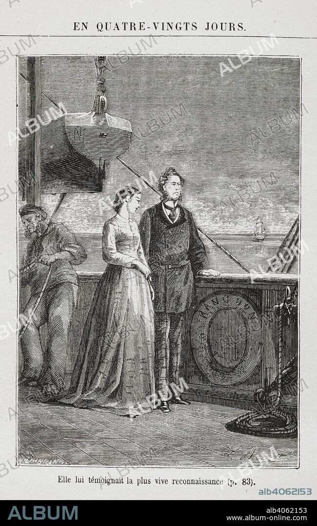 JULIO VERNE. Phileas Fogg and Aouda, as passengers on board a ship. Illustration to the novel 'Around the World in Eighty Days'. [Le Tour du Monde en quatre-vingts jours. [A novel.] (HuitieÌ€me eÌdition.)] [Around the World in 80 Days]. Paris, [1873]. Source: 12514.l.18 page 81. Language: French.