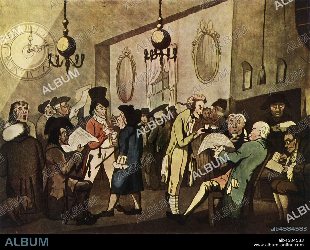 WILLIAM HOLLAND. 'Lloyd's Coffee House, London', 1798, (1947). Interior of the Lloyd's Coffee House in Lombard Street in the City of London. Lloyd's became a meeting place for merchants and shipowners, which led to the establishment of Lloyd's of London insurance company, Lloyd's Register, and Lloyd's List. From "British Clubs", by Bernard Darwin. [Collins, London, 1947].