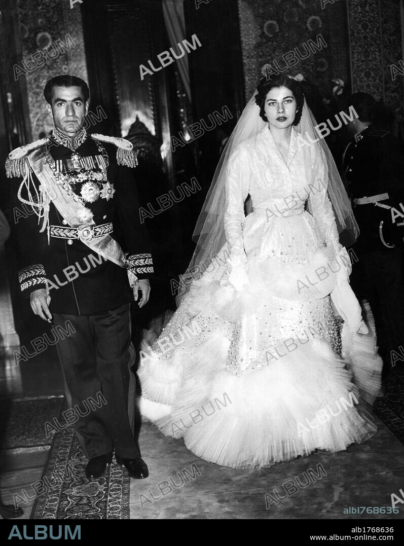 Marriage of Mohammad Reza Pahlavi and Soraya. Mohammad Reza Pahlavi, Shah of Persia, in full dress with his second wife Soraya Esfandiari on the day of their wedding. Teheran, 12th February 1951.
