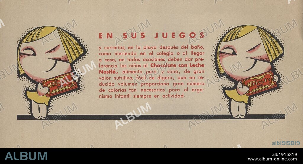 Publicidad. Chocolate con leche Nestlé. Barcelona, años 1930.