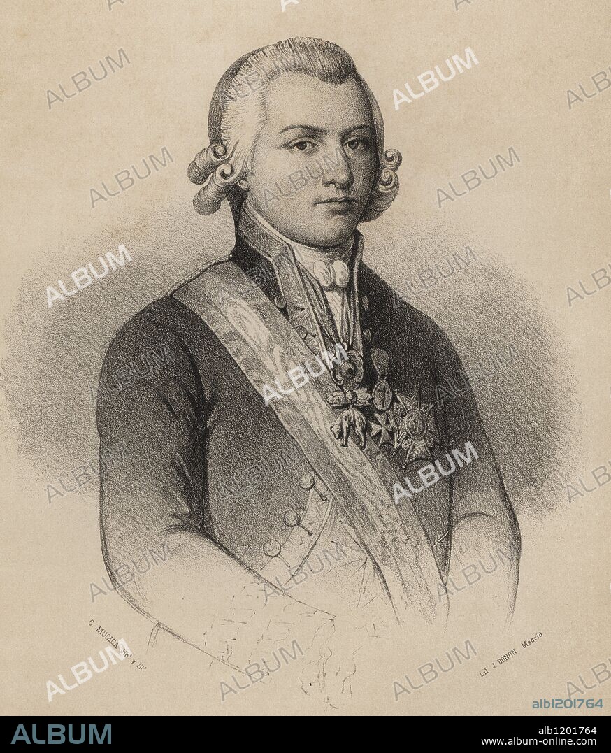 Godoy Alvarez de Faria, Manuel de (1767-1851). Duque de Alcudia y de Sueca, primer ministro de Carlos IV; conocido como el Príncipe de la Paz por la negociación de la Paz de Basilea (tratado entre Francia, Prusia y España). Grabado de 1870.