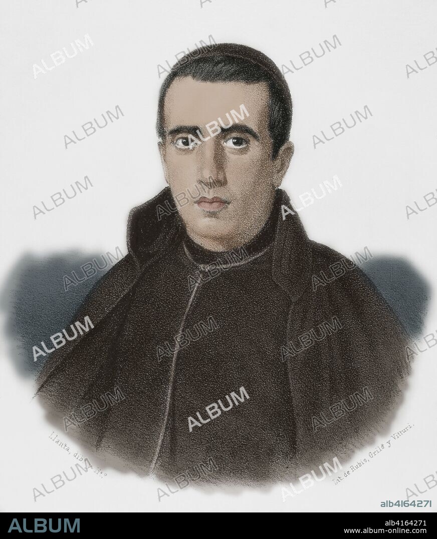 Jaime Balmes (Vic, 1910-Vic, 1848). Filósofo, teólogo, apologista, sociólogo y tratadista político español. Dibujo por Llanta. Litografía. Coloreada. Crónica General de España, Historia Ilustrada y Descriptiva de sus Provincias. Cataluña, 1866.
