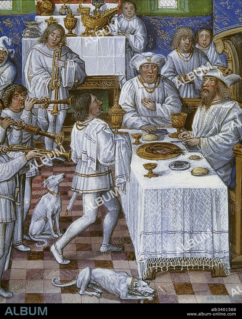 Old Testament. King Solomon celebrating a banquet with a guest of high rank. French miniature of" Le Miroir de l'humaine salvation". 15th century. Conde Museum. Chantilly. France.