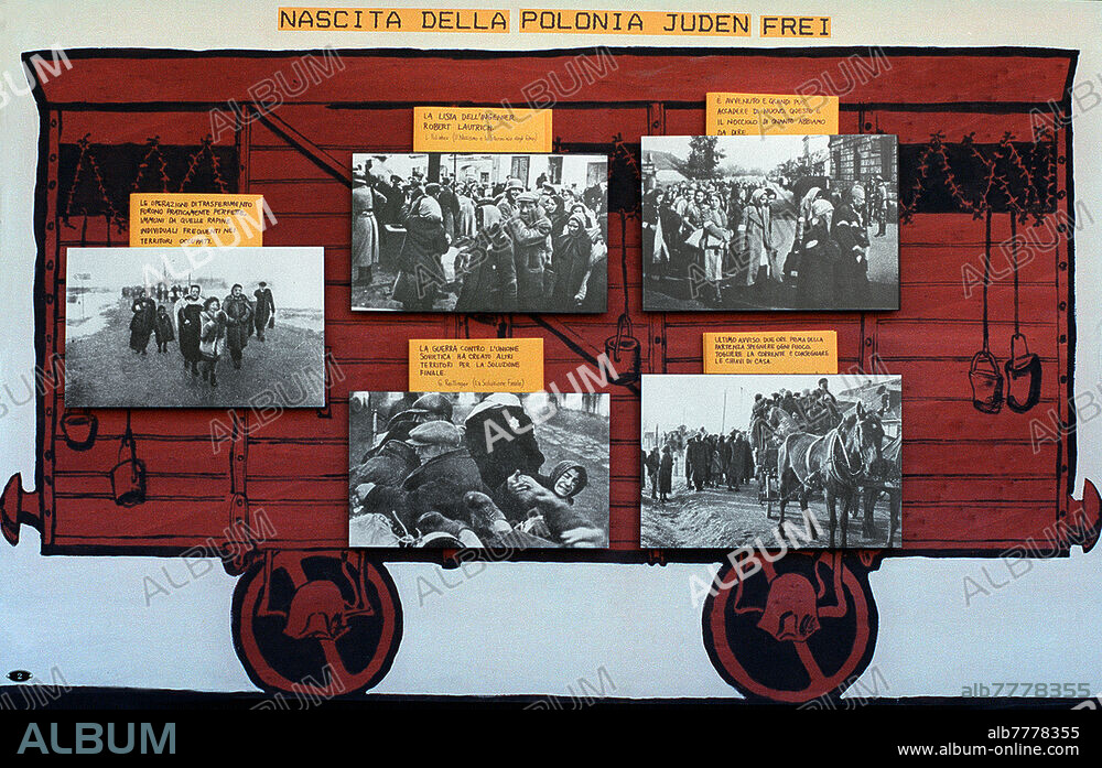 NAZISMO ANTISEMITISMO "Birth of Poland Juden Frei". Second panel of the exhibition "La Gioconda di Lvov - spontaneous images and texts related to the facts of the extermination": forced emigration of the Jewish population towards the ghettos, concentration. The original and innovative formula of the exhibition aims to approach the visitor through the vision of the images, to lead them to the reading of significant texts of which provides a brief excerpt, in a sort of analogical multimedia hypertextuality. Exhibition set up by the Valle d'Aosta Committee for the celebration of the 50th anniversary of the Resistance, Liberation and Autonomy, based on the conception and project of Ando Gilardi - National Historical Photo Library, in collaboration with the National Association of Former Deportates and with the Historical Institutes of the Resistance of the Valle d'Aosta and Novara. Aosta, April 1995.