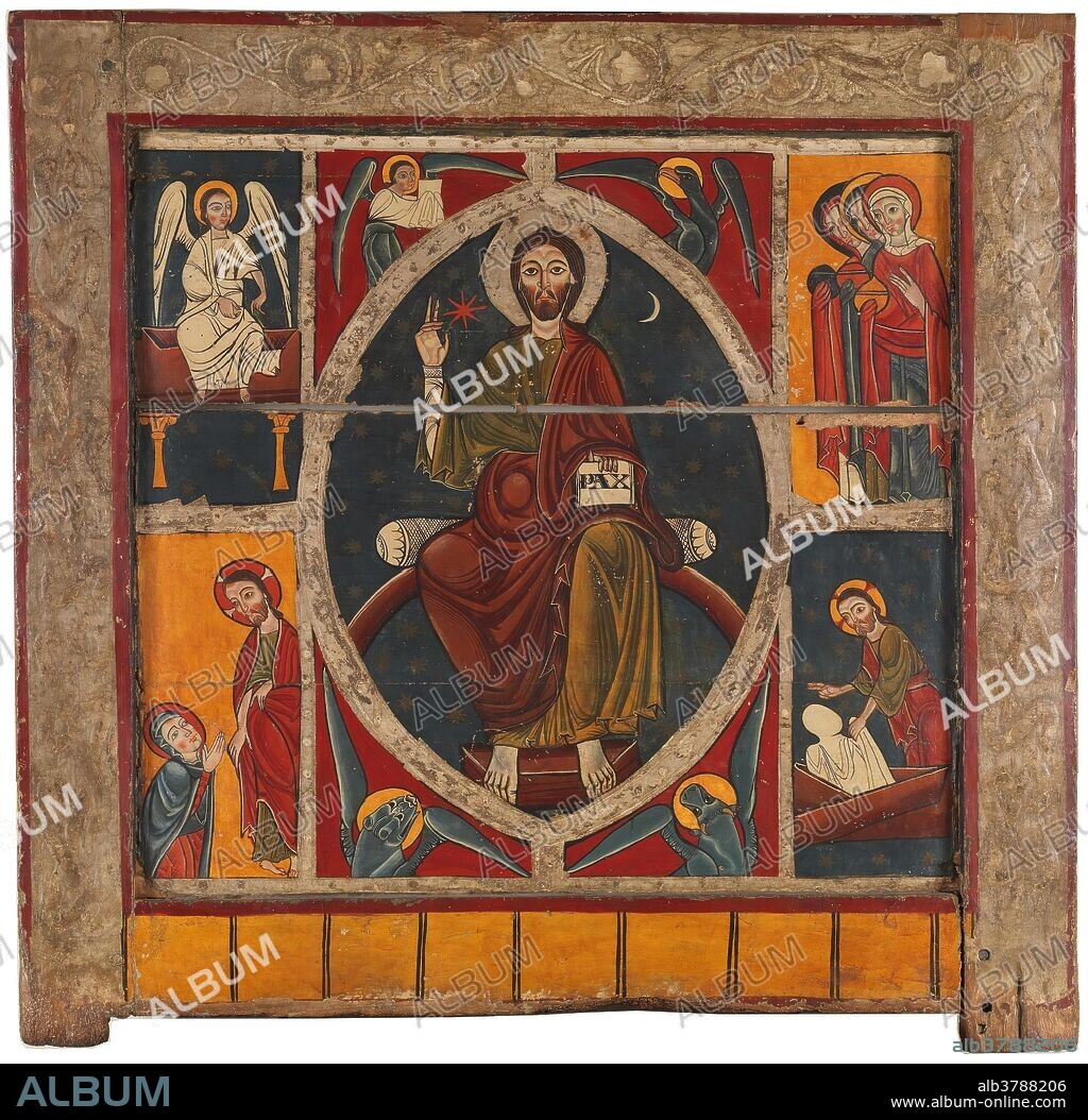 MAESTRO DE LLUÇA. Maestro de Lluça (Taller de) / 'Frontal de Solanllong. Pantocrátor con el Tetramorfos'. 1200 - 1210. Temple sobre tabla, 102 x 108,3 cm.
