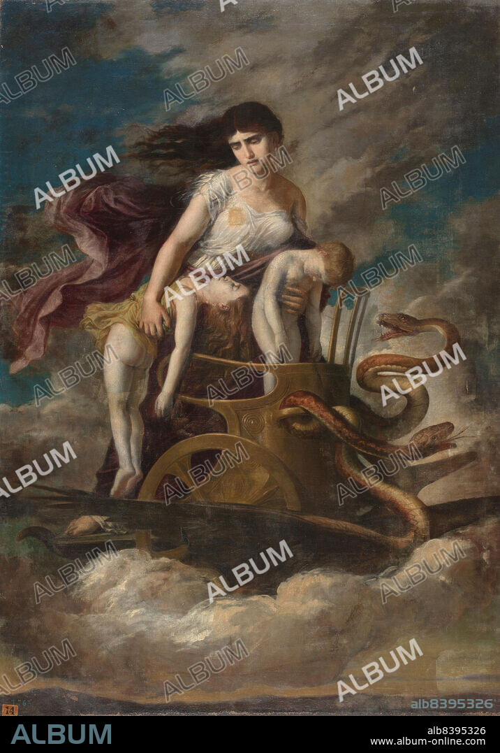 Germán Hernández Amores/ Medea, con los hijos muertos, huye de Corintio en un carro tirado por dragones, óleo sobre lienzo, hacia 1887.